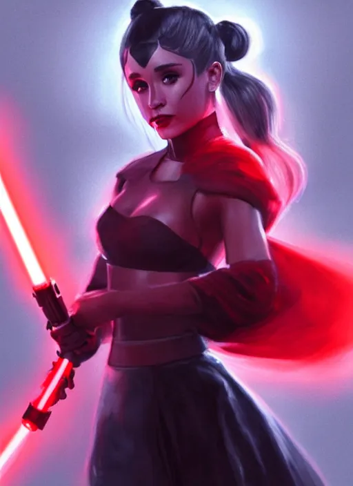 Prompt: Photo of Sith Ariana Grande with two red light saber in each hand, Star Wars concept art, trending on artstation, dramatic lighting, photorealism