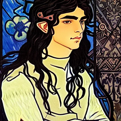 Image similar to painting of young handsome beautiful paladin elf! man with long wavy dark hair in his 2 0 s named shadow taehyung at the blueberry party, wearing armor!, elegant, clear, painting, stylized, delicate, soft facial features, art, art by alphonse mucha, vincent van gogh, egon schiele,