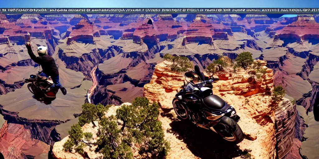 Image similar to a man on a motorcycle jumping the Grand Canyon, wide angle, super highly detailed, professional digital painting, artstation, concept art, smooth, sharp focus, no blur, no dof, extreme illustration, Unreal Engine 5, Photorealism, HD quality, 8k resolution, cinema 4d, 3D, beautiful, cinematic, art by artgerm and greg rutkowski and alphonse mucha and loish and WLOP