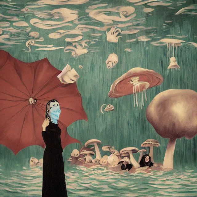 Image similar to tall female emo artist wearing a pig mask in her flooded apartment, mushrooms, octopus, water gushing from ceiling, painting of flood waters inside an artist's apartment, a river flooding indoors, pomegranates, ikebana, zen, rapids, waterfall, black swans, canoe, berries, acrylic on canvas, surrealist, by magritte and monet