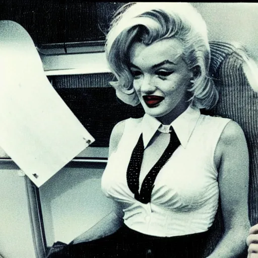 Prompt: a polaroid photo of marilyn monroe as a flight attendent in 1968