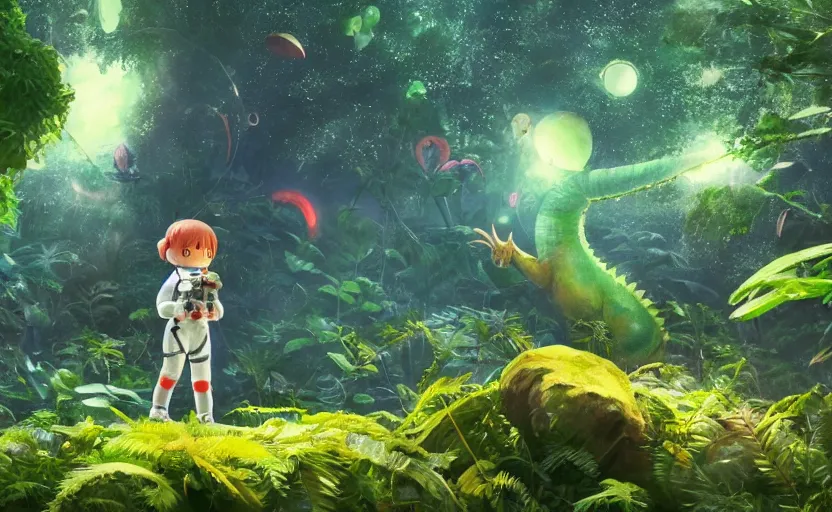 Image similar to a still of a cute adorable tiny astronaut, on a planet of lush foliage, with an enormous kaiju dragon surrounding, magical forest, sharp focus, neon backlit, highly detailed, disney pixar studio ghibli makoto shinkai, digital painting, matte, octane render, global illumination, iridescent, anime, 8 k concept art