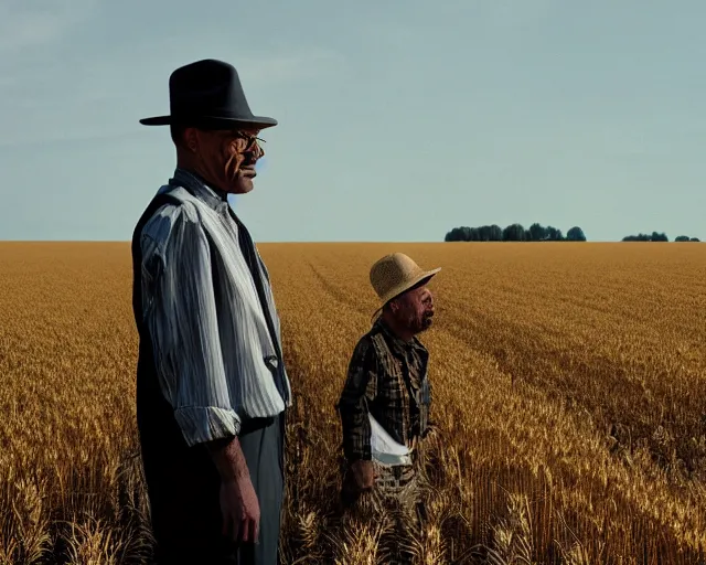 Image similar to walter white wearing a hat and gustavo fring facing each other in a wheat field, long shot, side view, 3 5 mm photograph, 8 k resolution, wide shot, sharp lens