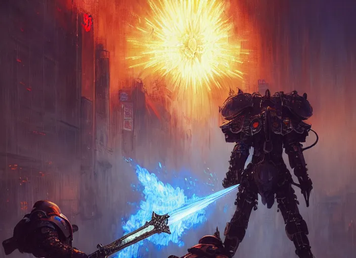 Prompt: two man viking cape evangelion cyborg blue armor sword of fire fighting in cyberpunk tokyo city with explosion by gaston bussiere, anna nikonova aka newmilky, greg rutkowski, yoji shinkawa, yoshitaka amano, tsutomu nihei, muira, moebius, donato giancola, trending on artstation, featured on pixiv