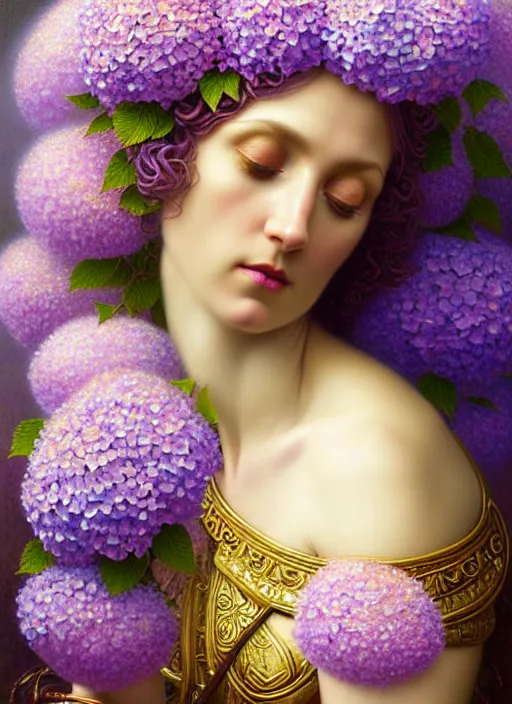 Image similar to a lilac hair beautiful goddess of light, colourful hydrangeas flowers, soft roses, and dried petals, painterly, emotionally evoking methaphoric, ornamental, intricate and elegant, highly detailed photorealistic painting, decorative lines, sharp focus, golden ratio, by tomasz alen kopera and john william godward,