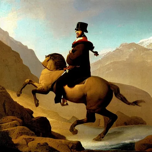 Image similar to steve jobs crossing the alps painting by jacques louis david.