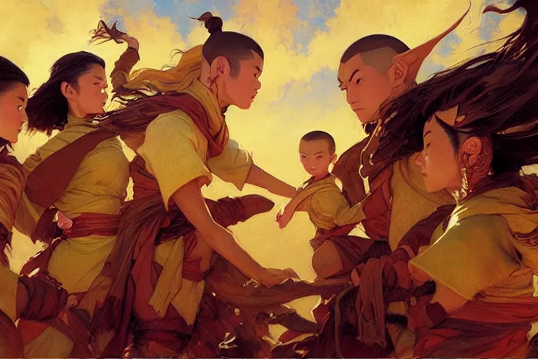 Image similar to airbending nomads from avatar the last airbender, painting by gaston bussiere, craig mullins, j. c. leyendecker