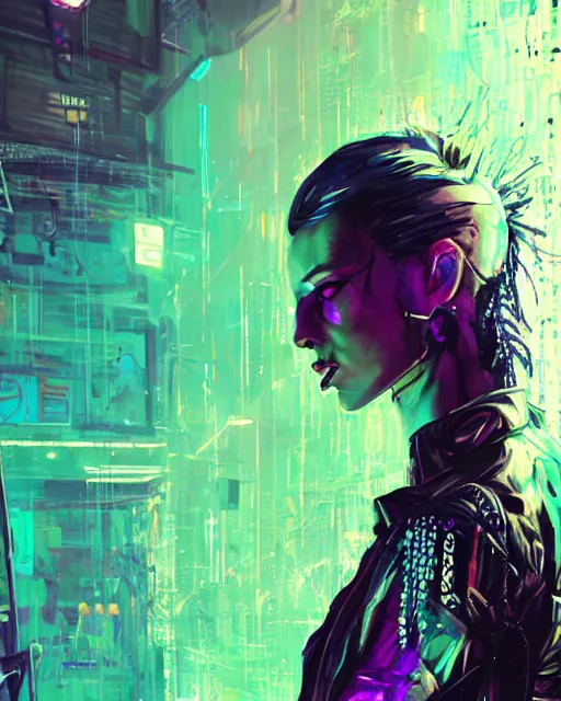 Image similar to portrait of Punk girl, standing hair line, chains, pierced, tattoed Sheen Holographic Futuristic sci-fi fashion cyberpunk, (neotokyo), synthwave, (aesthetics), futuristic, bladerunner movie scene by ismail inceoglu dragan bibin hans thoma greg rutkowski Alexandros Pyromallis Nekro Rene Margitte illustrated Perfect face, fine details, realistic shaded, fine-face, pretty face ((sharp chine))