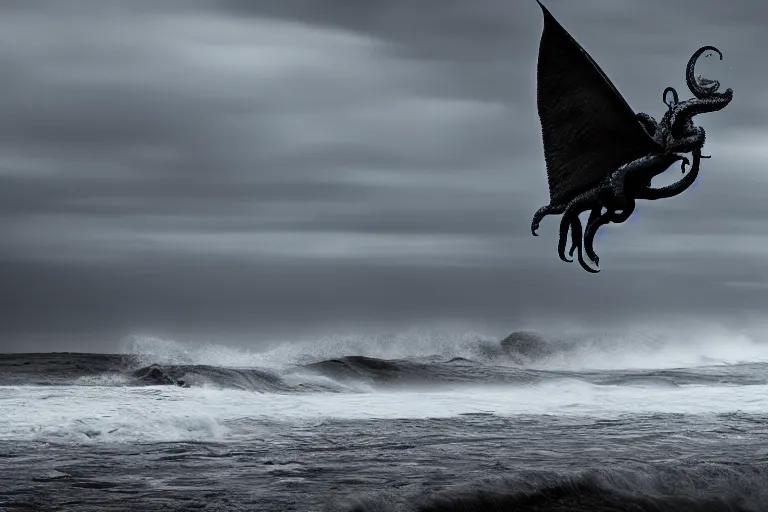 Prompt: cthulhu riding out of the ocean in Malibu morning natural light by Emmanuel Lubezki