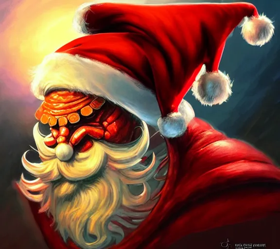 Image similar to magic : the gathering fantasy character concept art of anthropomorphic lobster wearing a christmas hat, by franz frazetta and marco bucci, high resolution. a clear portrait of powerful lobster impersonating santa, magical christmas wonderland in background, fantasy coloring, intricate, digital painting, artstation, smooth, sharp focus