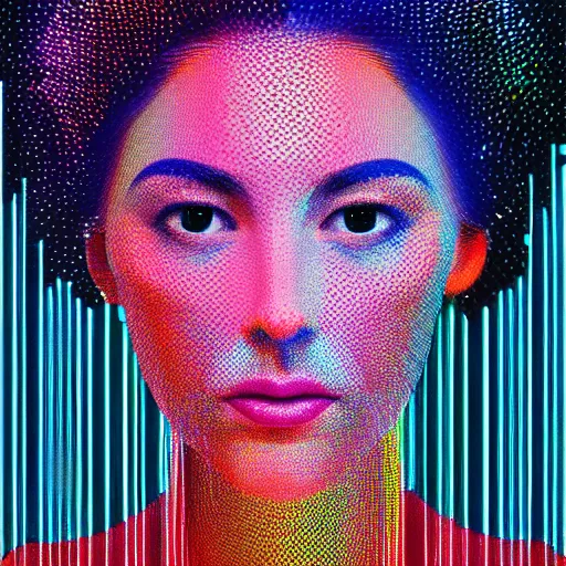 Image similar to portrait of a woman inspired by data - driven art, generative, iridescent, self - confidence, holographic