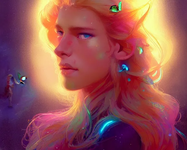 Prompt: harmony of neon tiny butterfly stars, mute, blonde haired man lion hybrid, by wlop, james jean, victo ngai, rainbow overlay in the hair! beautifully lit, muted colors, highly detailed, fantasy art by craig mullins, thomas kinkade