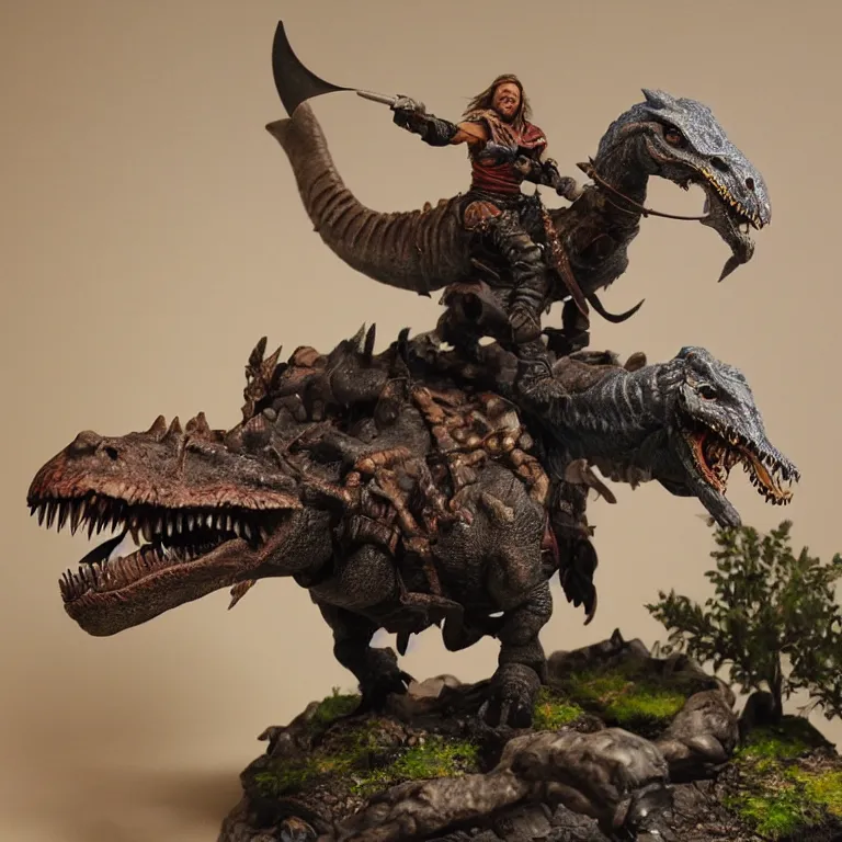 Image similar to diorama of a viking berserker riding a dinosaur, highly detailed, award winning mini painting, studio lighting