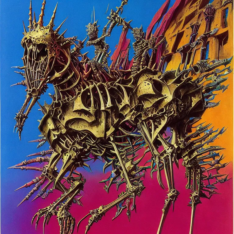 Prompt: Saturated colors, colorful, vivid, lucid, rainbow, vibrant. A spiked horse skeleton with armored joints stands in a large cavernous throne room with halberd in hand. Massive shoulderplates. Extremely high detail, realistic, fantasy art, solo, masterpiece, bones, ripped flesh, art by Zdzisław Beksiński, Arthur Rackham, Dariusz Zawadzki, Harry Clarke, Wassily Kandinsky, Lisa Frank