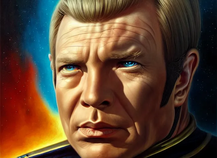 Prompt: portrait shot of a evil captain kirk in star trek, realistic, professionally, professionally color graded, intricate, elegant, highly detailed, centered, digital painting, artstation, concept art, smooth, sharp focus, illustration, artgerm, tomasz alen kopera, peter mohrbacher, donato giancola, joseph christian leyendecker, wlop, boris vallejo