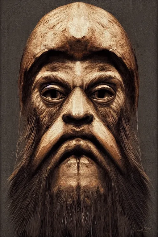 Prompt: portrait, headshot, digital painting, an old bearded shaman in slavic angular carved wood mask, realistic, hyperdetailed, chiaroscuro, concept art, art by frans hals