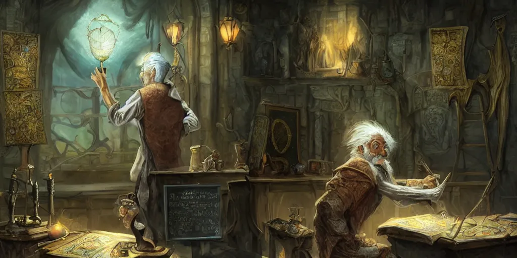 Image similar to back shot of wizened aristocrat examining the mysteries of tarot cards on a magical blackboard, fantasy art, matte painting, high quality, digital painting, artwork by tony sart