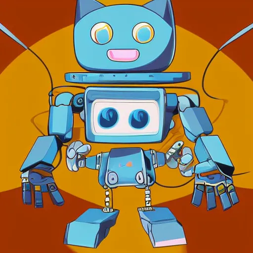 Image similar to a cartoon robot with a cat sitting on top of it, vector art by Ken Sugimori, featured on deviantart, toyism, greeble, 2d game art, sci-fi