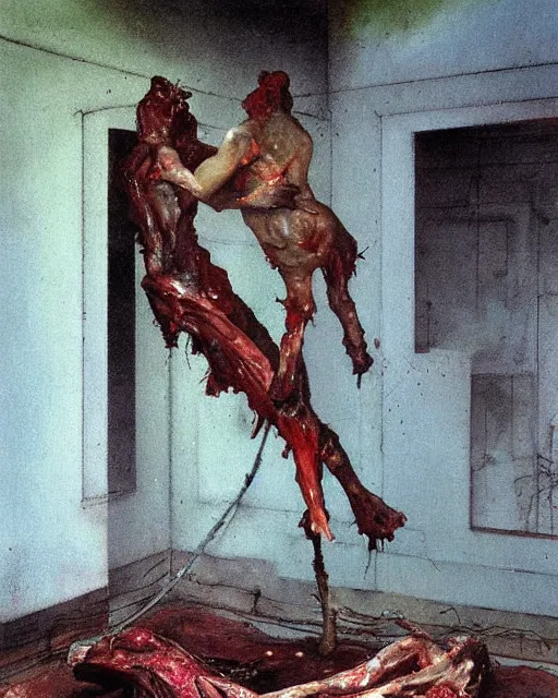 Prompt: couple embracing each other inside a decayed and ruined slaughterhouse room in the style of Francis Bacon and Syd Mead and Norman Rockwell and Beksinski, hanging beef carcasses, slaughterhouse, open ceiling, highly detailed, lovers embracing painted by Francis Bacon and Edward Hopper, painted by James Gilleard, surrealism, airbrush, very coherent, triadic color scheme, art by Takato Yamamoto and James Jean