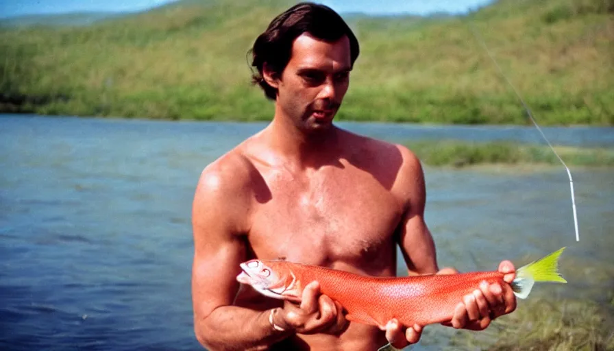 Image similar to 7 0 s movie still of thierry baudet in speedo, proudly holding a salmon on a fishing trip in siberia. cinestill 8 0 0 t _ 3 5 mm eastmancolor, heavy grain, high quality, high detail