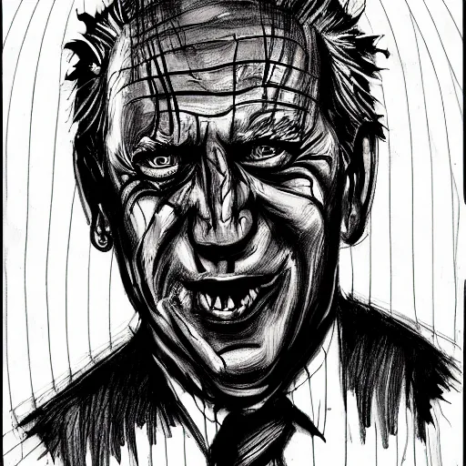 Prompt: grunge, aggressive sketch, messy lines, dark strokes, drawing of demonic joe biden as a caricature in the style of Jacob Shaw,creepy, surreal, trending on artstation