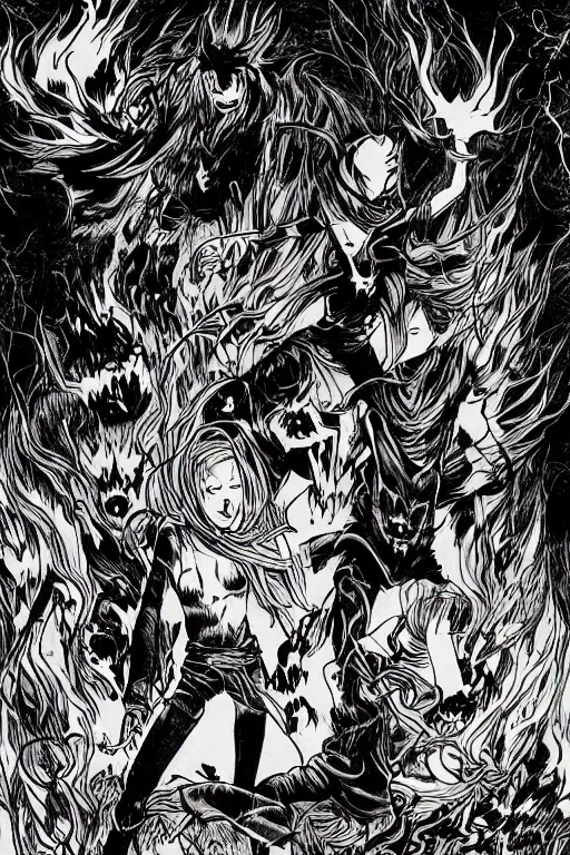 Image similar to demons attacking humans far away, fire, field, horror, trees, manga style,