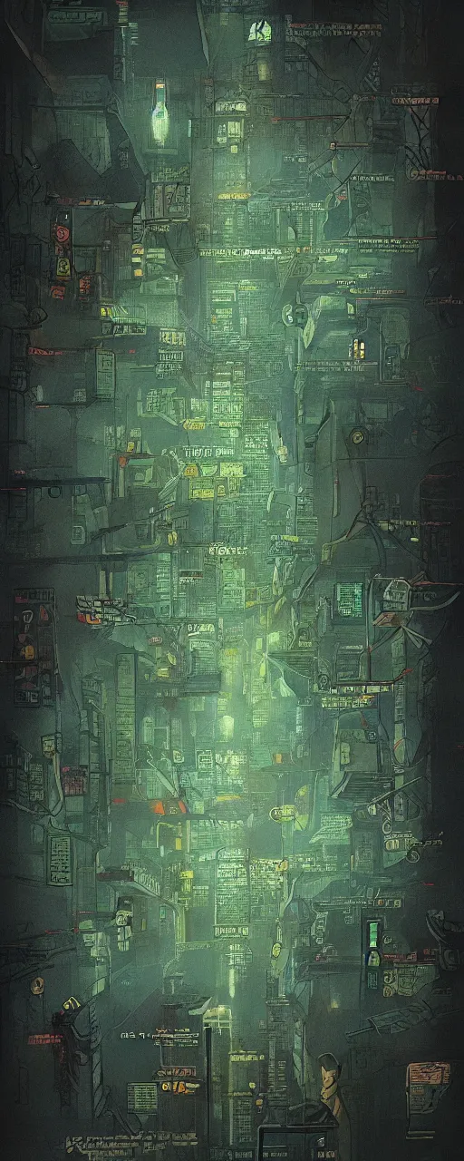 Image similar to a cyberpunk parchment with sketches and matrix rain, ancient text, neon, fractals, recursive, magic, technological, cyberpunk, lovecraft