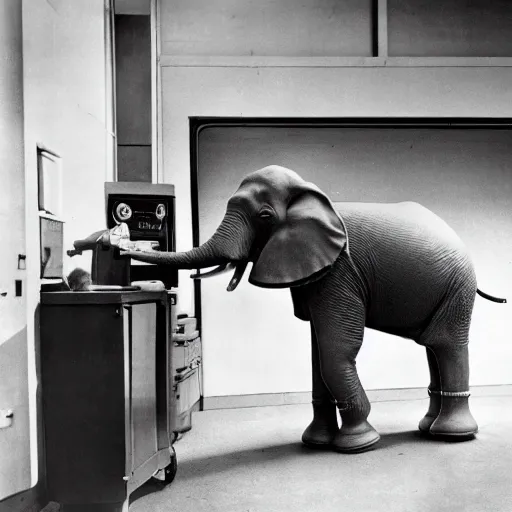 Prompt: Elephantlike robot taking a loaf of bread out of the oven, 1959, black and white photo, world's fair