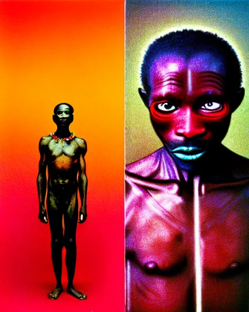 Image similar to a colorful chromatic abberation, 9 0 s toy commercial, double exposure photo from the 7 0 s, polaroid painting portrait of a african tribal warrior, by zdzislaw beksinski, by ernst haeckel