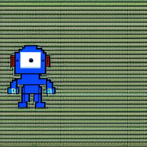 Image similar to blue robot ghost wearing a letterman jacket and genie pants, v mouth, cow lick hair practicing magic in a green slime filled city pixel art wide angle view realistic high detail