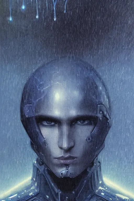 Image similar to portrait of beautiful gothic and futuristic young man, more thunderstorm, cyber armor, a lot of scars,, blue head, the middle ages, highly detailed, artstation, illustration, art by jean delville, 8 k quality, art by greg gandy