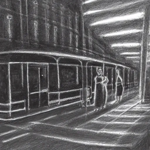 Image similar to dark city bus stop, chalk on blackboard drawing,very detailed,ArtStation