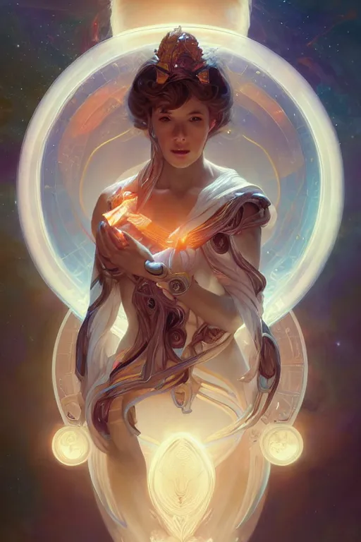 Prompt: goddess of space and time, accurate anatomy, only two hands, highly detailed, digital painting, artstation, concept art, smooth, sharp focus, illustration, Unreal Engine 5, 8K, art by artgerm and greg rutkowski and alphonse Mucha