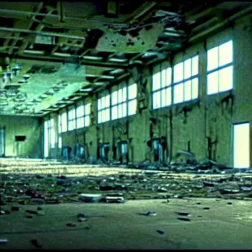 Image similar to abandoned replicant factory, still from closed circuit tv footage