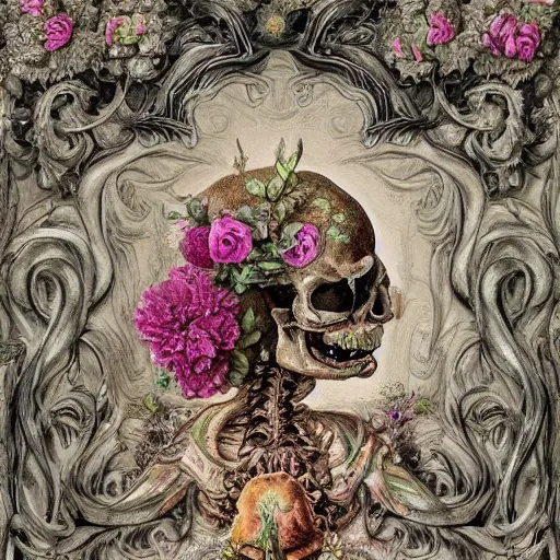 Prompt: a beautiful detailed rococo portrait of a rotten woman corpse becoming almost a skull with face muscles, veins, arteries, fractal plants and fractal flowers and mushrooms growing around, intricate, ornate, volumetric light, beautiful lit, beetlejuice