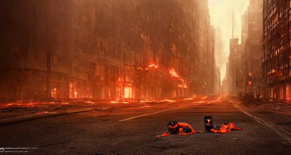 Image similar to A beautiful hyperrealistic ultradetailed matte painting of a demonic Hellhound on fire standing in the middle of city street at night in an abandoned post-apocalyptic city, unreal engine, deviant art, flickr, artstation, octane render, textured, colorful, hyperrealistic, physically based rendering, pbr render, very detailed, volumetric lighting, octane render, 4k, cinematic, 8k resolution,