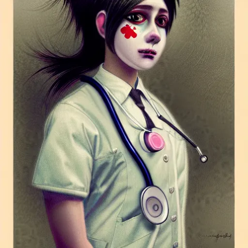 Image similar to clowncore pastel punk young hospital nurse wearing stylish uniform. detailed, portrait, 8 k, artwork by jean - baptiste monge