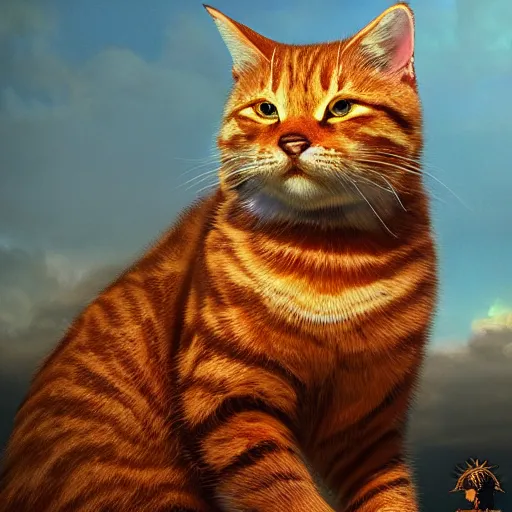 Prompt: colossal orange viking royal king tabby cat, golden hour, fantasy, vivid colors, sharp focus, digital art, hyper - realistic, 4 k, unreal engine, highly detailed, hd, dramatic lighting by brom, trending on artstation