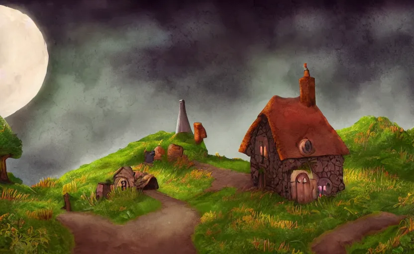 Image similar to a witch's cottage on a lonely hill against a giant moon, storybook, gouache, flat, concept art, lush