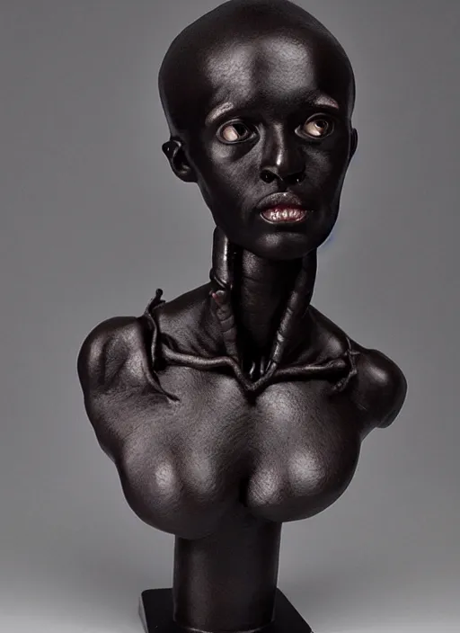 Image similar to a bust sculpture of anatomical detailed fantasy humanoid character, very dark black skin, very beautiful, high forehead, high cheekbones, become human, stylized, ceramic base, orthographic, studio lighting