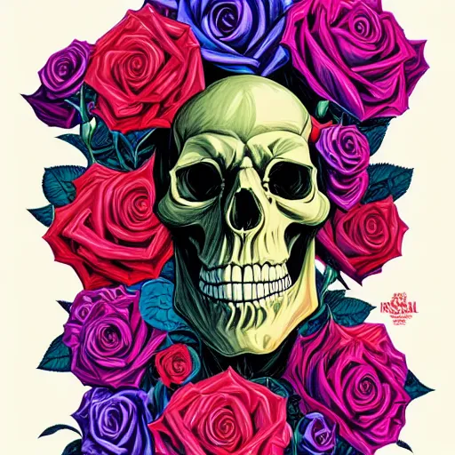 Prompt: large skulls and vivid roses, Jen Bartel, Dan Mumford, Satoshi Kon, gouache illustration