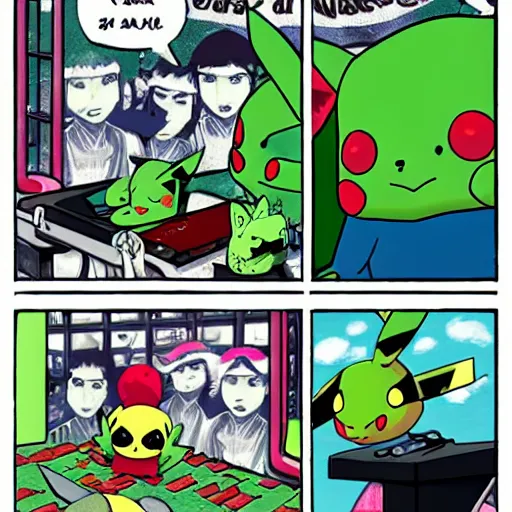 Prompt: pikachu and bulbasaur performing in a kurt Cobain grunge band, manga style, record label