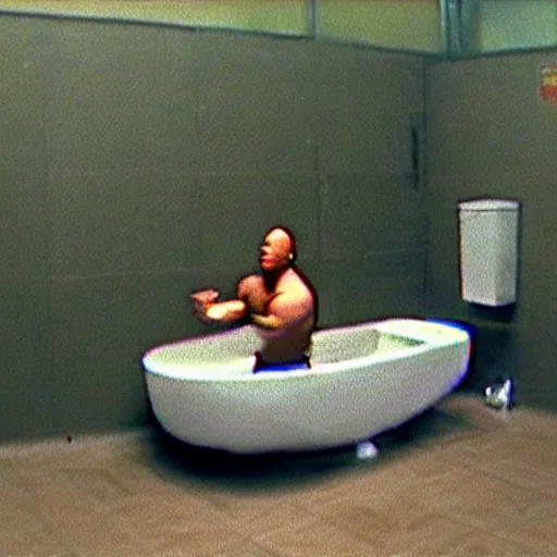 Image similar to cctv footage trail cam of dwayne the rock johnson and floating toilet