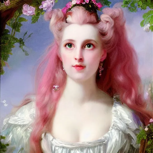 Prompt: Alice in Wonderland,a portrait of a beautiful Pink hair girl,Diamonds Blaze,Rose twining,luxuriant,dreamy, eternity, romantic,highly detailed,in the style of Franz Xaver Winterhalter, highly detailed,in the style of Aetherpunk