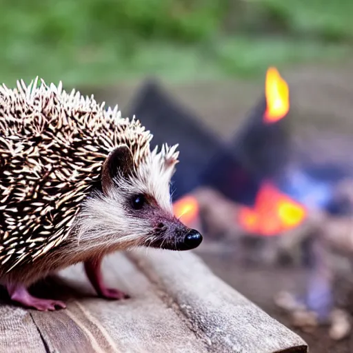 Prompt: hedgehog in a burlap bag, hyper realistic, photography, campfire in background