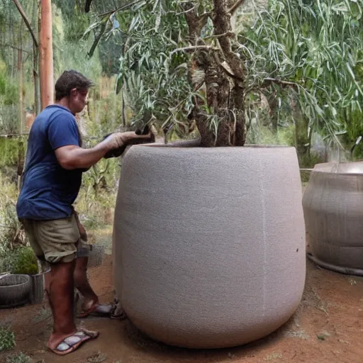 Prompt: a ceramic still distilling eucalyptus into a liquid