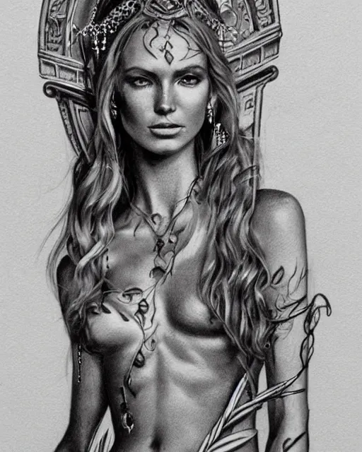 Image similar to realism tattoo sketch of jennifer hawkins as a beautiful greek goddess aphrodite with piercing eyes wearing a laurel wreath and triangle earrings, in the style of greg rutkowski, amazing detail