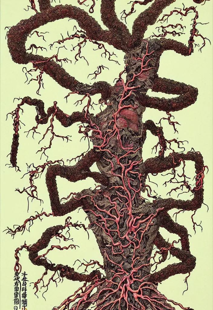 Image similar to prompt: anatomy dissection drawing veins and organs tree character drawn by Takato Yamamoto, bonsai anatomy atlas, veins and organs attached to tree roots, alchemical objects inspired by 1980's sci-ci, old experimentation cabinet, intricate oil painting detail, manga 1980