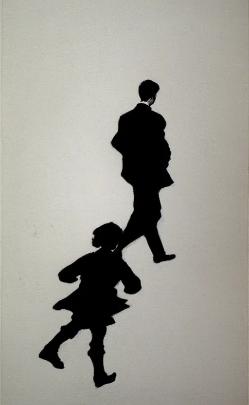 Image similar to symmetry!! black and white silhouette drawing of a person walking, white background by stanhope forbes