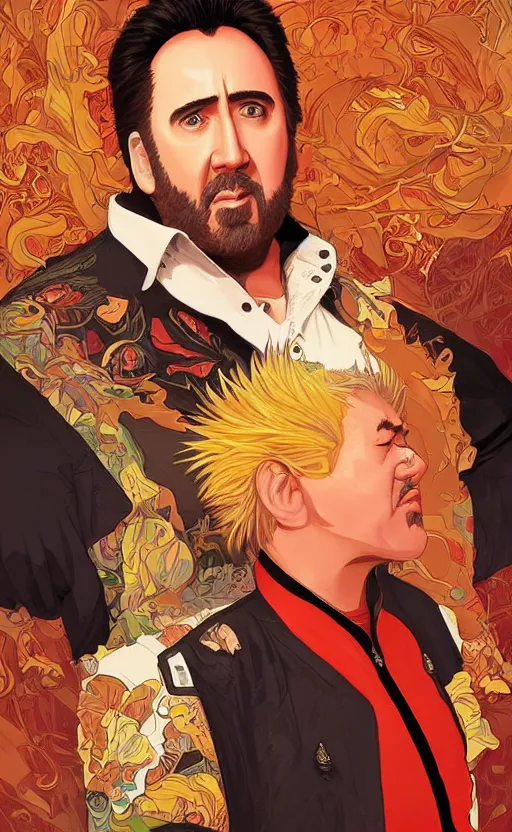 Image similar to nicolas cage as guy fieri, highly detailed, digital painting, artstation, concept art, smooth, sharp focus, illustration, art by artgerm and alphonse mucha, high definition digital art, in the style of ilya kuvshinov and Ross tran